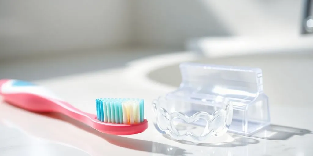 Soft-bristled toothbrush and clear aligners on a counter.